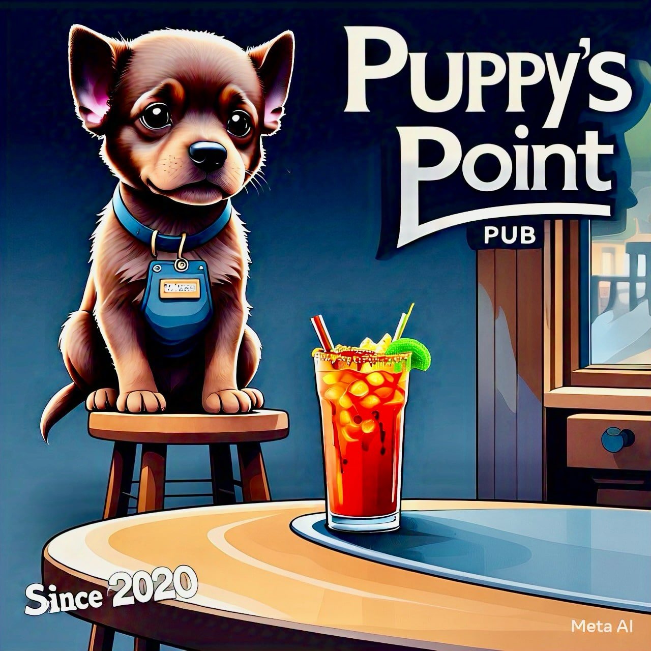 Animated puppy with big eyes sitting on a stool in a pub, with a colorful drink on the table and a sign that reads 'Puppy's Point Pub', since 2020.