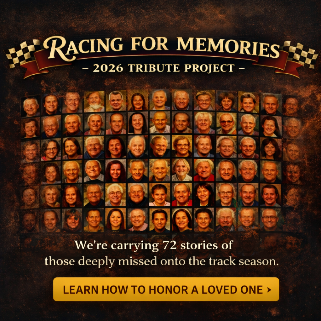A collage of 72 individual portrait photos of diverse people, with a text overlay reading "Racing for Memories 2026 Tribute Project." The background has a dark, textured look, and there is a button that says "Learn How to Honor a Loved One."