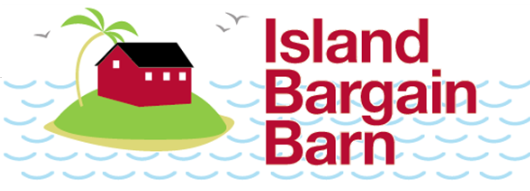 Illustration of a small island with a red barn, palm tree, and water waves, along with the text 'Island Bargain Barn'.