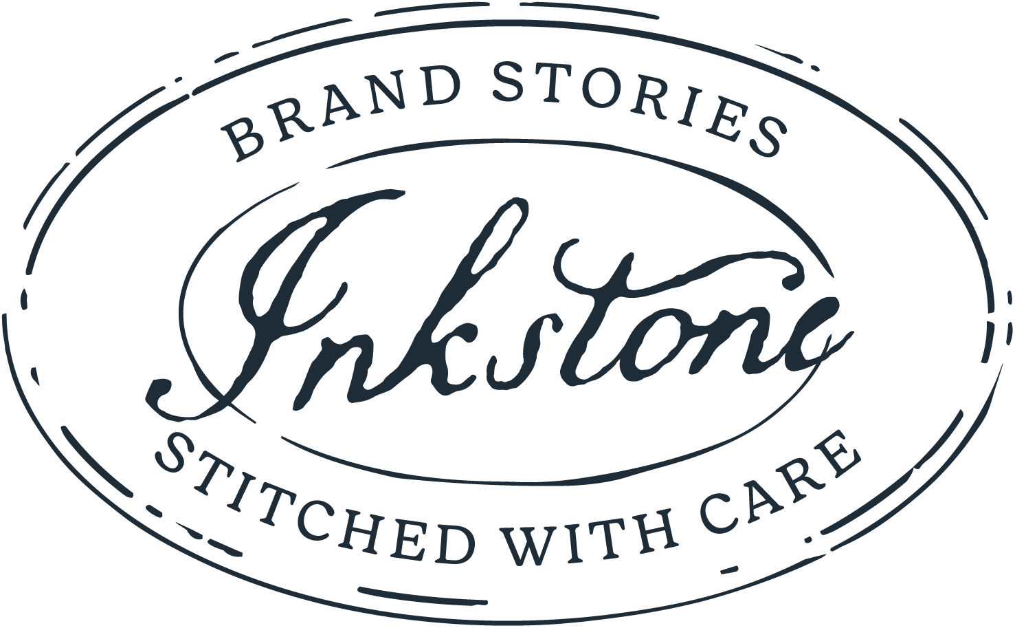 Logo with the words 'Brand Stories', 'Inkytonic', and 'Stitched with Care' in a stylized oval design.