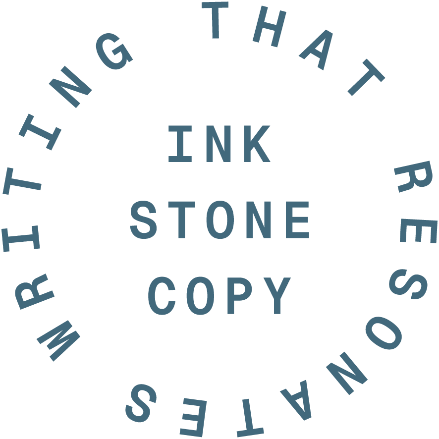 Image with circular text saying "IMPRINT THAT RESONATES" around the words "INK", "STONE", and "COPY" in the center.
