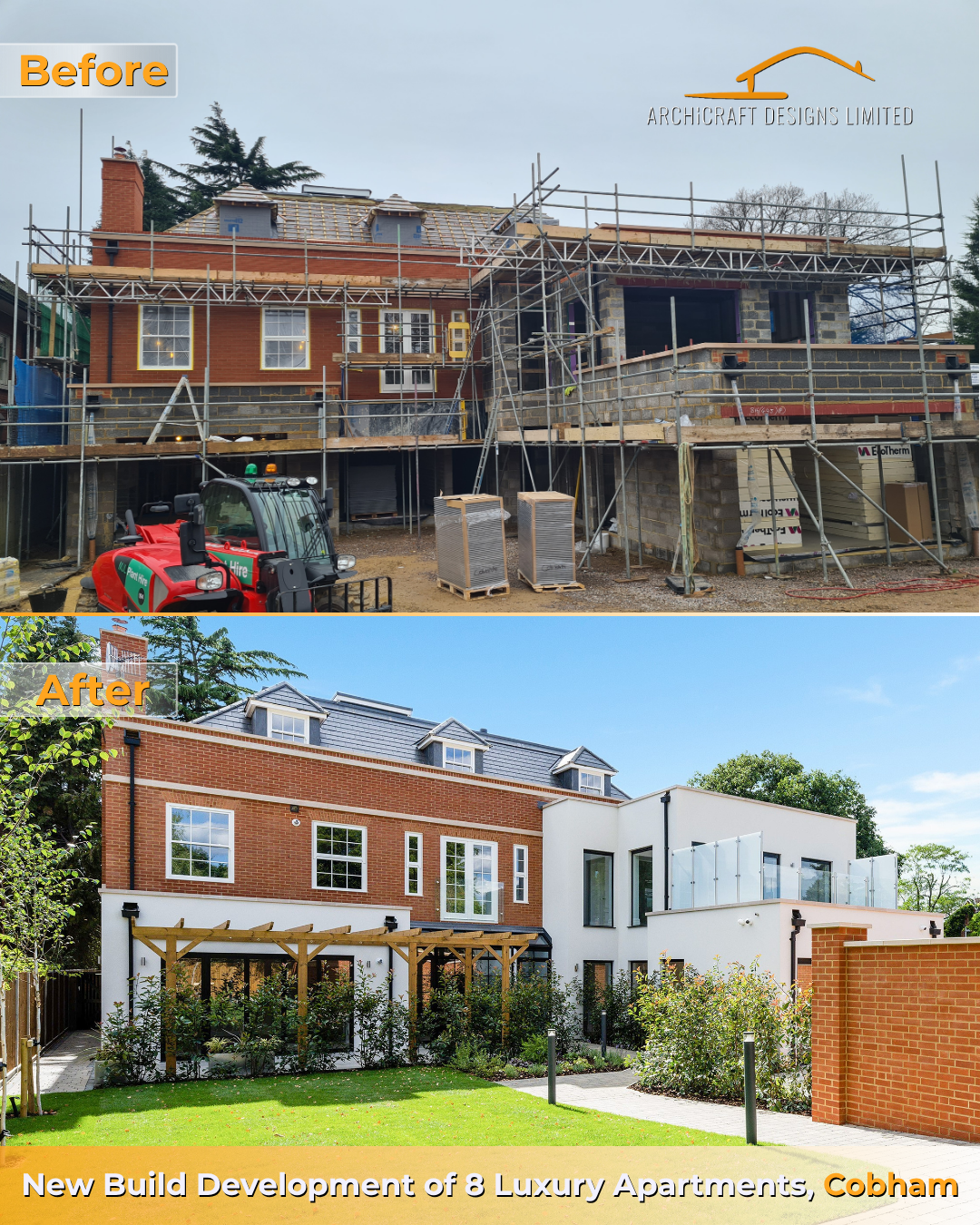 Construction site in the 'Before' photo showing an under-construction brick house with scaffolding, construction materials, and equipment. The 'After' photo shows a completed, modern, white and red brick residential building with a landscaped yard, t