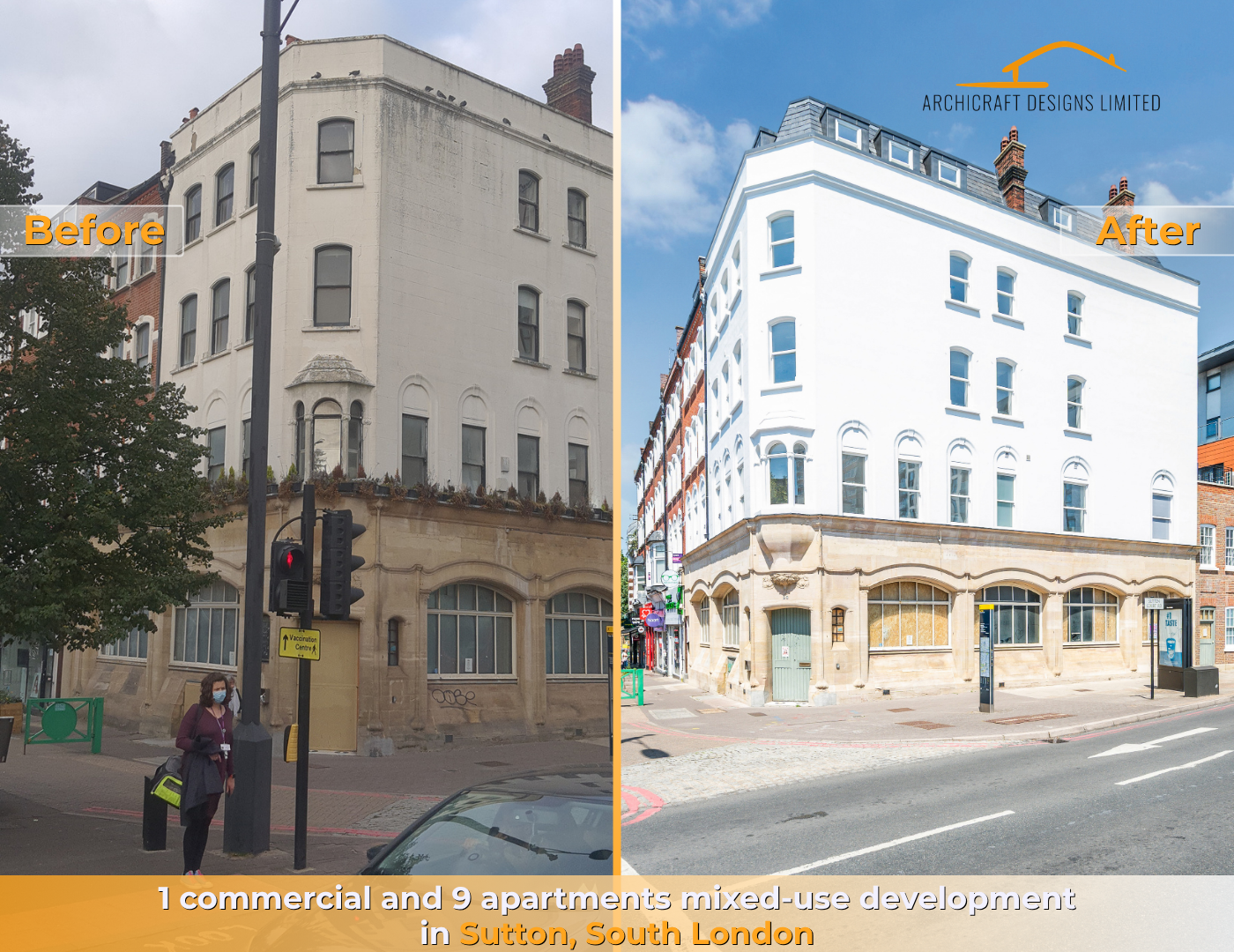 Side-by-side comparison of a building in Sutton, South London before and after renovation: the left side shows the building in a weathered condition with a beige facade and dark window frames, while the right side shows the same building with a fresh