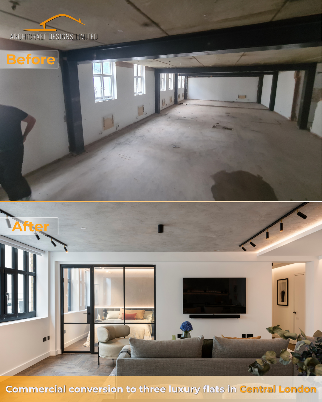 Comparison of a renovated apartment showing a finished living area with modern interior decor, including a flat-screen TV, couch, and bedroom, contrasted with an unfinished space with bare floors, exposed beams, and unpainted walls, indicating a conv