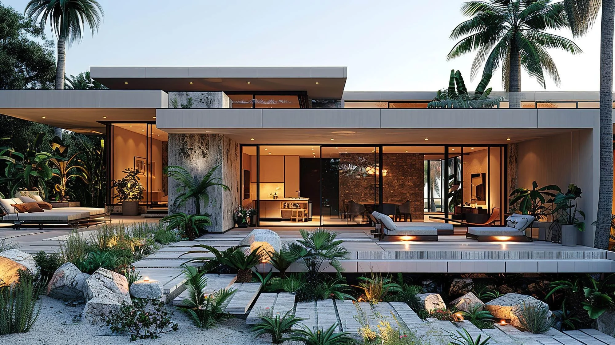 Modern house with large glass windows and sliding doors, surrounded by lush tropical plants and palm trees, during twilight, with warm interior lighting visible through the windows.