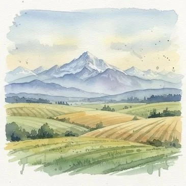 Watercolor painting of mountains in the background with rolling farmland in the foreground.
