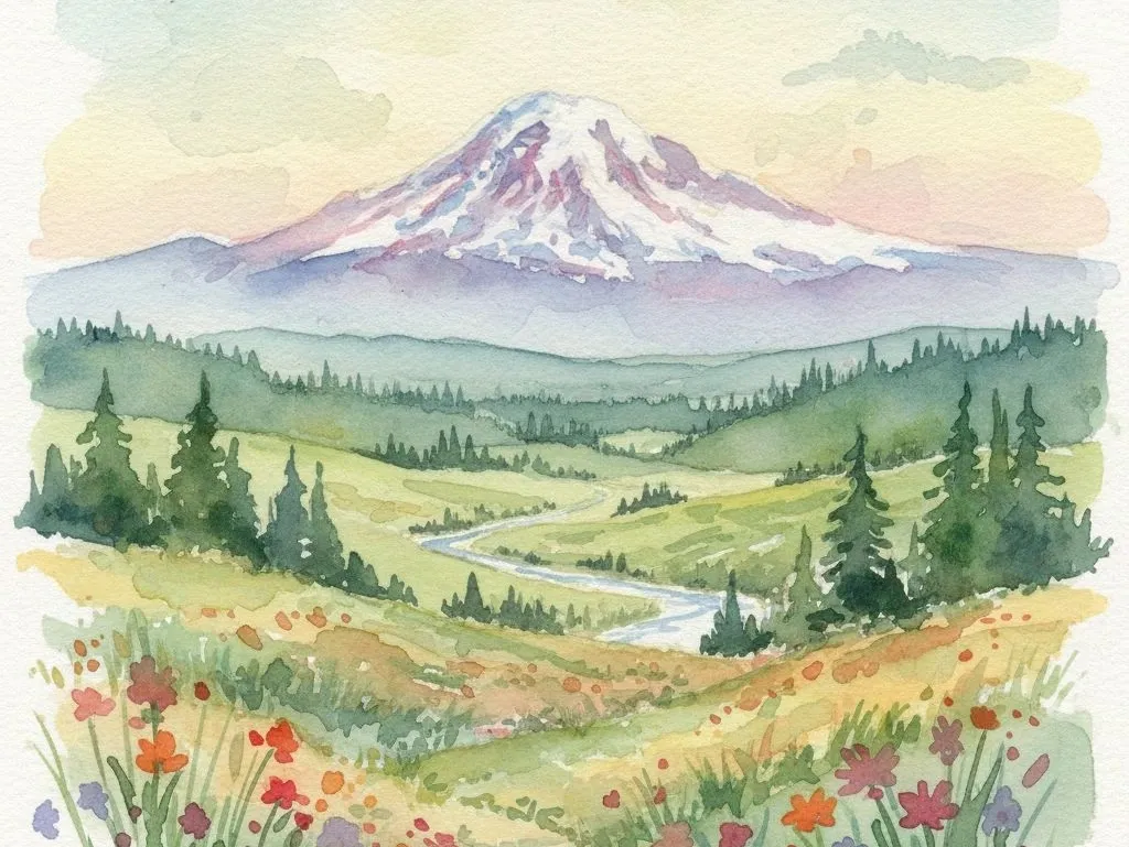 Watercolor painting of a mountain with snow, green hills, abundant trees, and colorful flowers in the foreground.