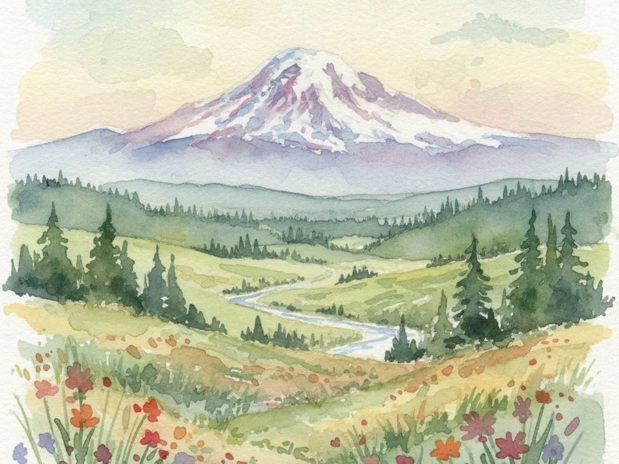 Watercolor painting of a mountain with snow, surrounded by green hills, trees, a winding river, and colorful wildflowers in the foreground.
