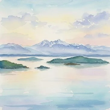 Waterfront landscape with mountains, islands, and a partly cloudy sky in soft pastel colors.