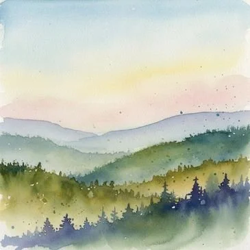 Watercolor painting of layered mountain ranges and evergreen trees under a pastel sky.