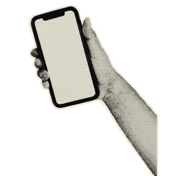 A black and white illustration of a hand holding a smartphone with a blank screen.