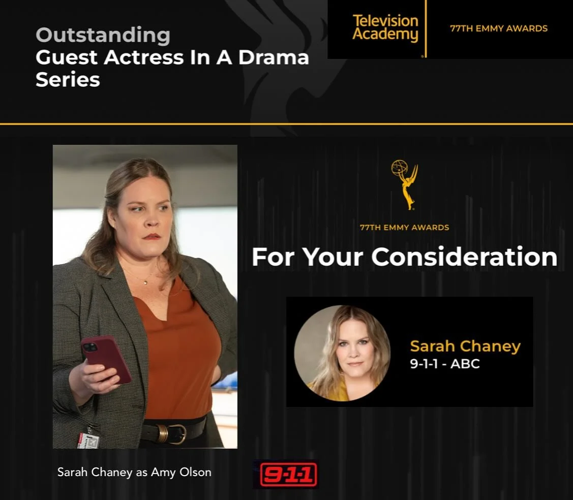 A promotional graphic for the 77th Emmy Awards featuring actress Sarah Chaney, who played Amy Olson in a drama series. The graphic includes her name, her role, and her emergency services contact info (9-1-1 - ABC).
