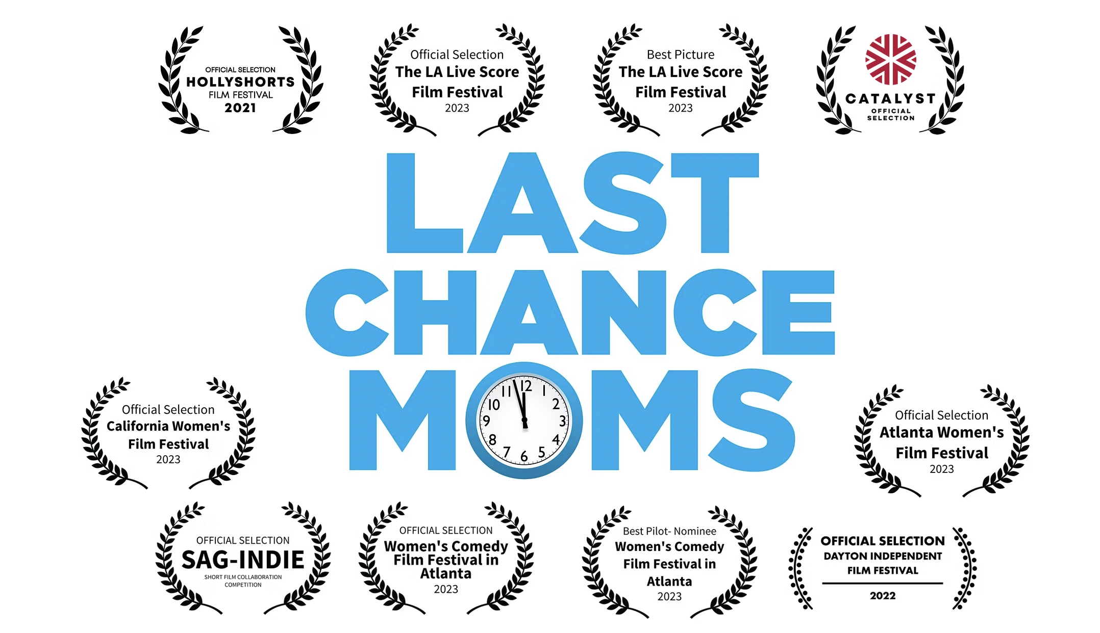 A promotional poster for the film 'Last Chance Moms' featuring the movie title in large blue letters and a clock graphic. The poster highlights awards and official selections from various film festivals, including HollyShorts 2021, LA Live Score 2023, Catalyst 2023, California Women's Film Festival 2023, Atlanta Women's Film Festival 2023, SAG-INDIE 2023, Women's Comedy Film Festival in Atlanta 2023, Women’s Comedy Film Festival in Atlanta 2023, Dayton Independent Film Festival 2022, and others.