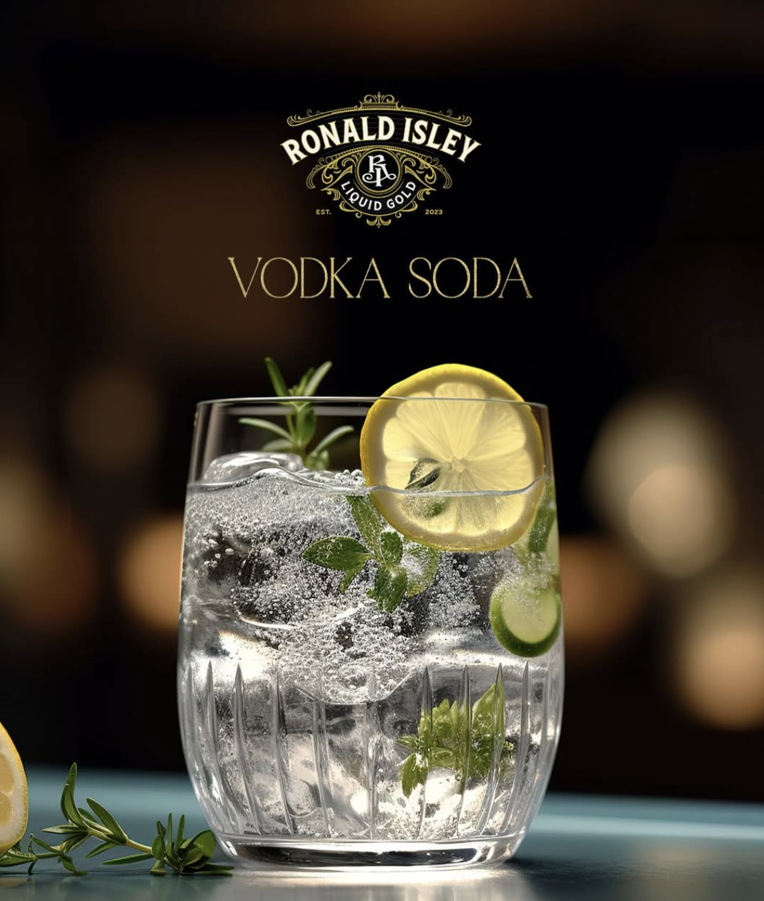 A glass of vodka soda with lemon and lime slices, mint leaves, and ice, garnished with a lemon wheel, on a blue surface with a blurred dark background.