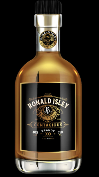 A bottle of Ronald Isley Liquid Gold Contagious Brandy with black and gold label, and a black cap.