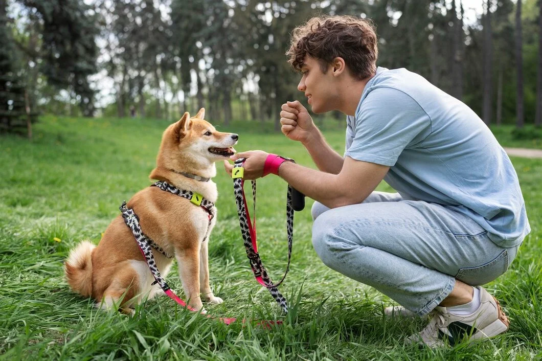 A young man crouching on grass, facing a sitting Shiba Inu dog with a harness, in a park with trees in the background.