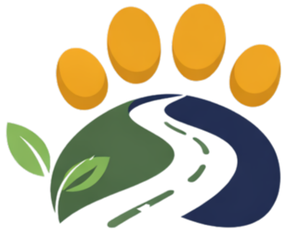 A stylized paw print with a leaf design on the left side and an image of a belt or strap around the middle, colored in shades of green, black, and navy blue, with three yellow circles above it.