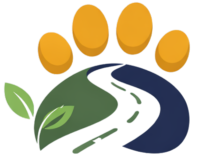 A stylized flower with yellow petals, green leaves, and a dark blue stem.