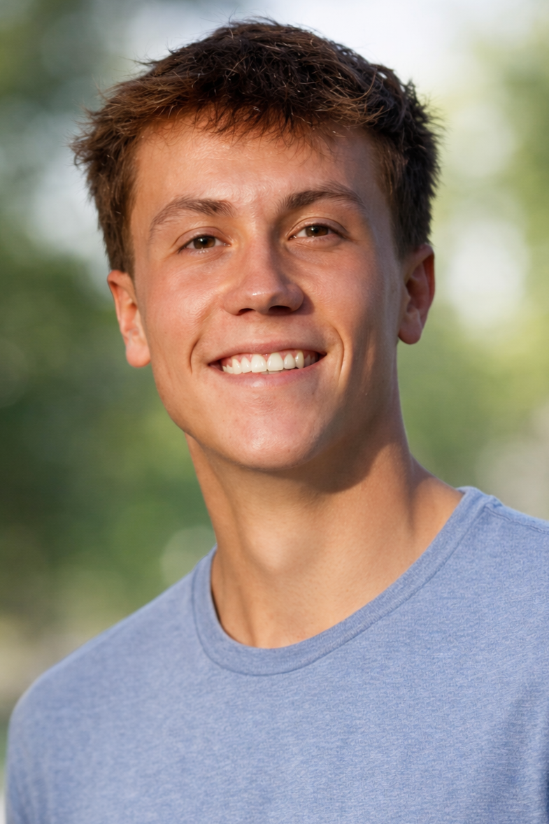Close-up of a young man smiling outdoors with a blurred green background, wearing a light blue T-shirt.