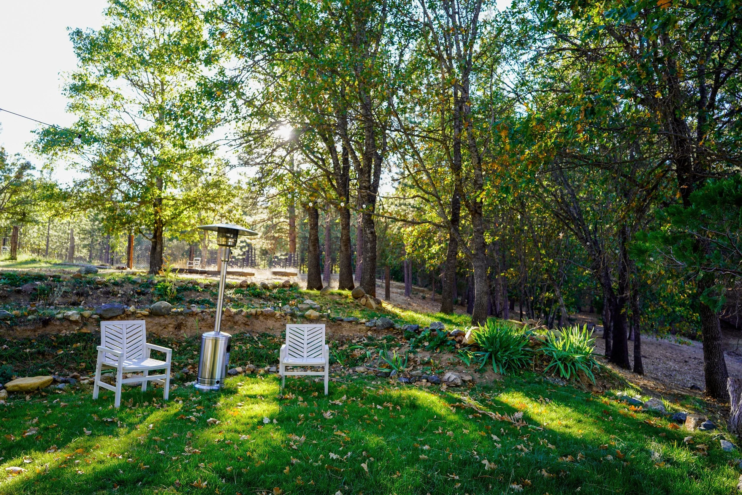 Chairs waiting in the shade of the oaks on the lawn at Blossom Sanctuary, a restful I-5 road trip stop in Etna, CA