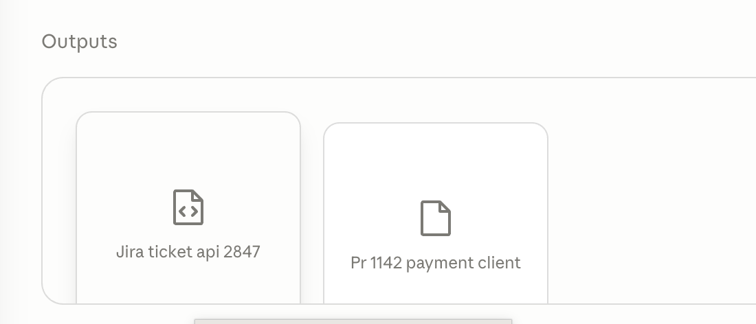 Screenshot of a software interface showing two output files: one labeled "Jira ticket api 2847" and the other labeled "Pr 1142 payment client".