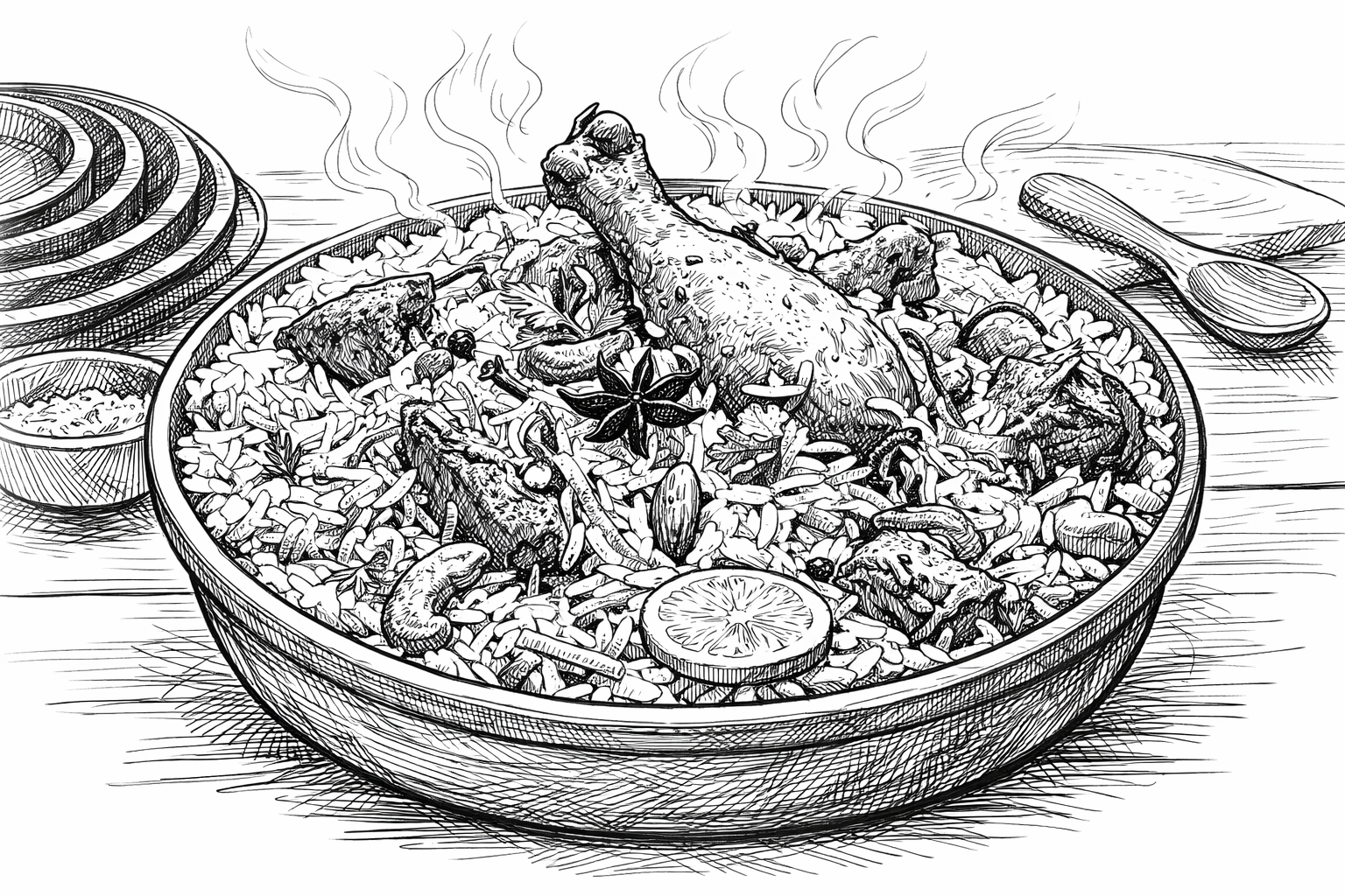 Black and white drawing of a large bowl of cooked rice with a roasted chicken on top, garnished with lemon slices, herbs, and spices, surrounded by plates and utensils on a wooden table.