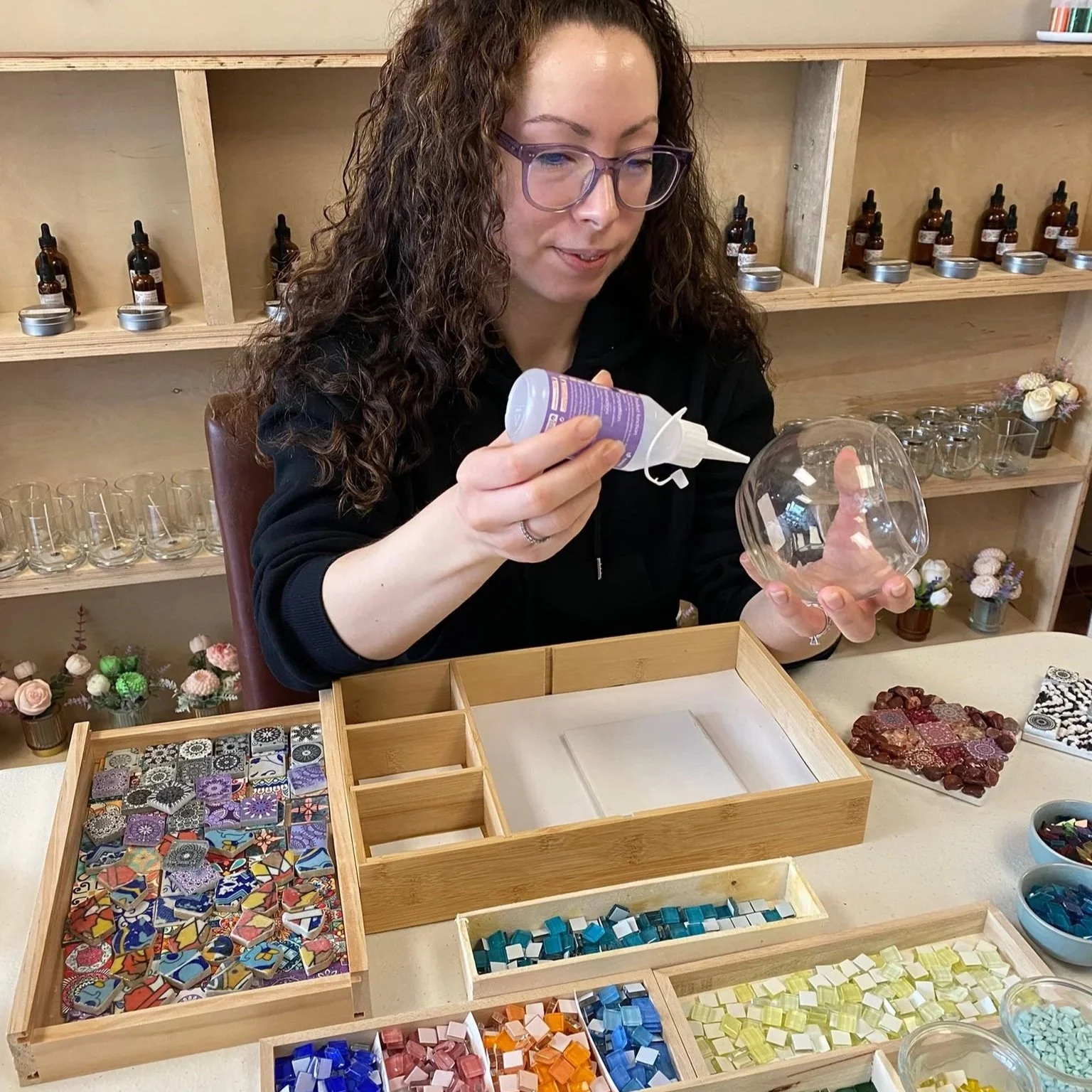 Women assembling Mosaic Tile art at MeTime studio