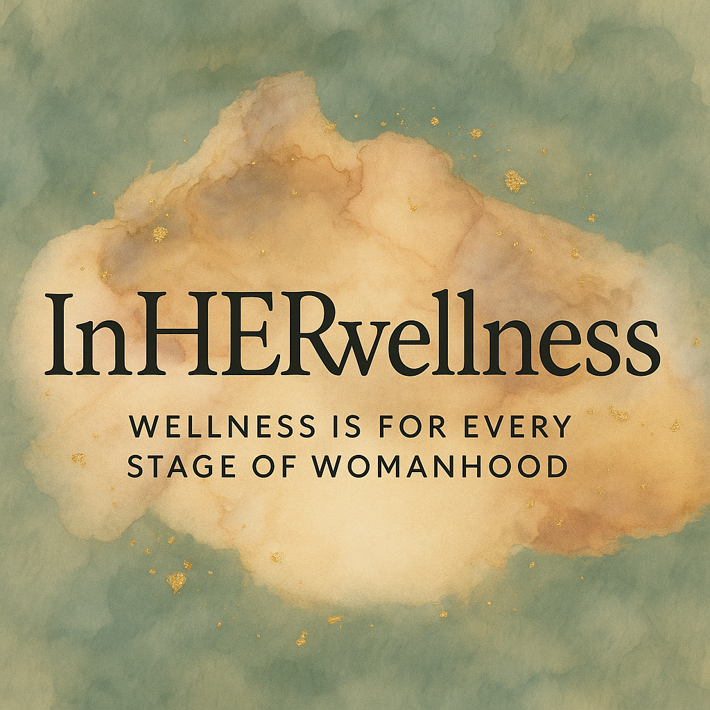 A promotional graphic with a soft, cloud-like background and gold specks. Text reads: 'InHERwellness' with a subtitle 'Wellness is for every stage of womanhood'.