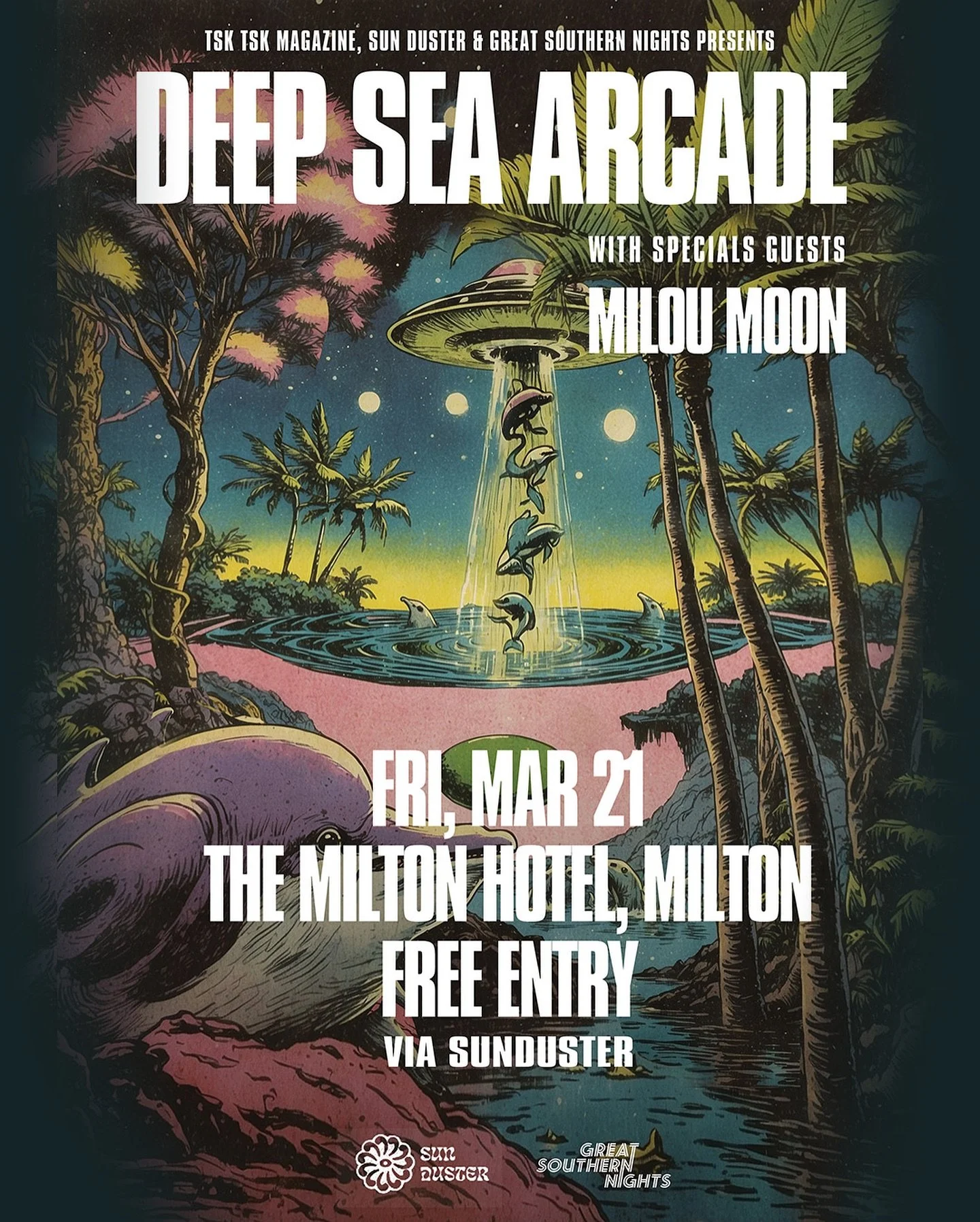 🛸 FUZZY, FLOATY FEELS 🛸

We are psyched to be hosting the indie-rock cosmonauts Deep Sea Arcade as they kick off their national tour!

Supported by the angelic tones of Milou Moon 🤤

Catch them on the cozy inside stage at The Milton Hotel this Fri