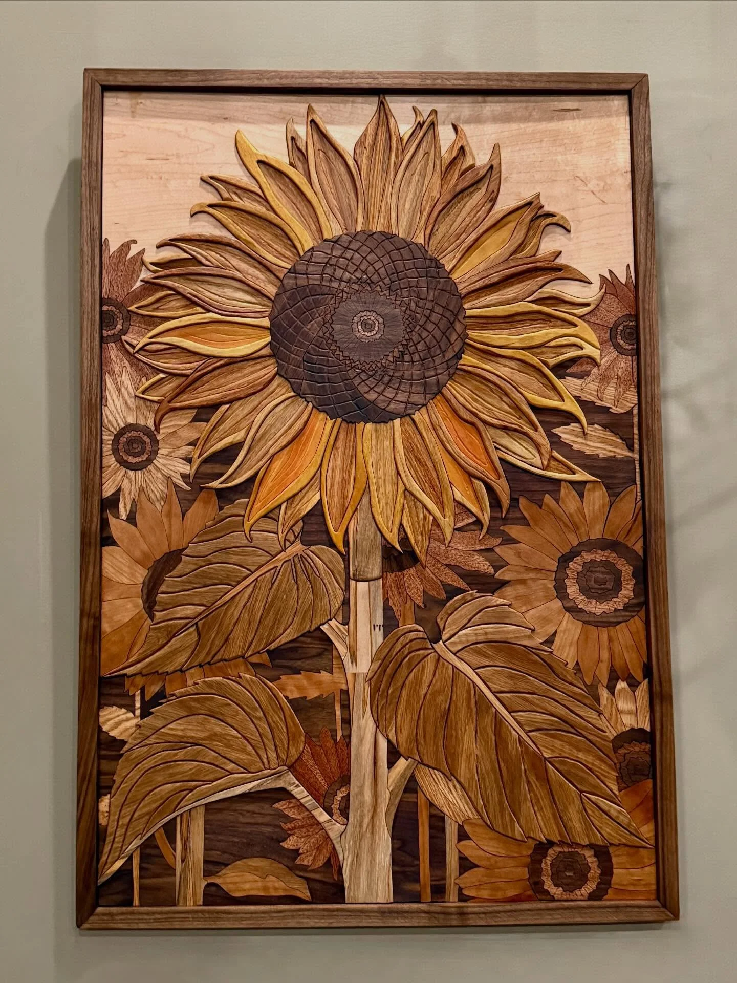 Finally finished this piece that has consumed me for the last several weeks and I&rsquo;m in love! 9 different types of wood. And it&rsquo;s ALL wood. No stain. Natural colors are to die for. 24x36 inches of beauty. Hoping to display this at a local 