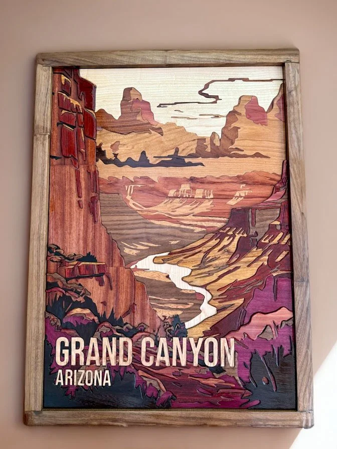 🚨New Piece Alert 🚨 Introducing the Grand Canyon! The first in my series of National and State parks. Made entirely of wood. No stains, No dyes, No Paint. Just glorious wood grain.

This piece includes 11 different types of hardwood:
🪵 Bubinga
🪵 M