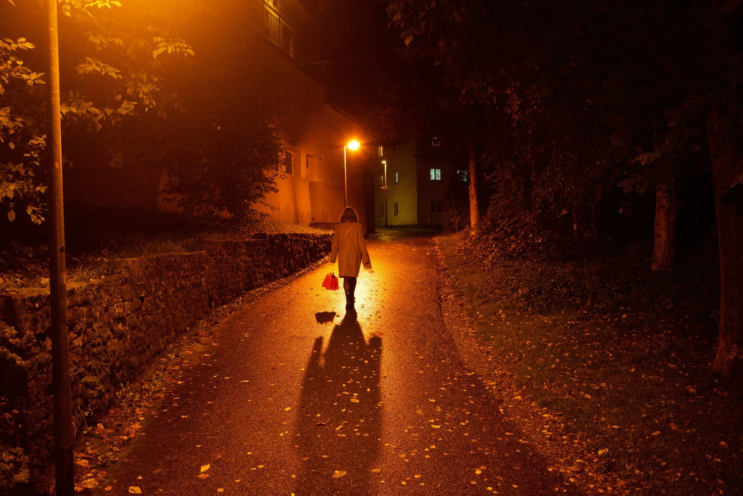 A person walking alone on a wet, dimly lit street at night, carrying a bag in each hand, with streetlights illuminating the scene and trees lining the sidewalk.