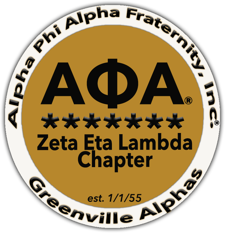A circular emblem with a gold center and black text. It features the Greek letters Alpha Phi Alpha and the chapter name Zeta Eta Lambda Chapter. The outer ring has the text "Alpha Phi Alpha Fraternity, Inc." and "Greenville Alphas" with the establishment date "est. 1/1/55".