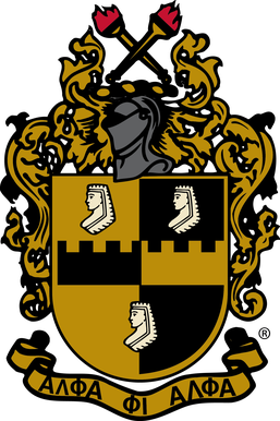 A coat of arms featuring a black shield divided into three sections with a knight's helmet on top. The shield has a black and yellow color scheme with a black horizontal stripe across the middle. The top and bottom sections contain a white helmet. Surrounding the shield are ornate golden lions and decorative elements, with red and black accents on the helmet. A Latin phrase "ΑΛΦΑ ΦΙ ΑΛΦΑ" is at the bottom.