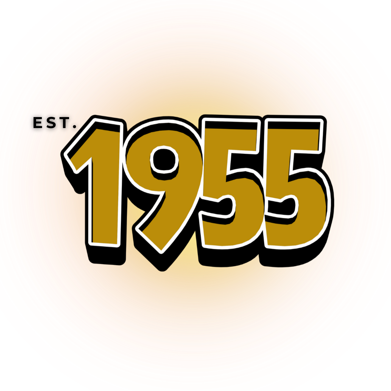 Logo with the text "EST. 1955" in black and gold with black outline, set against a bright orange and red radial gradient background.