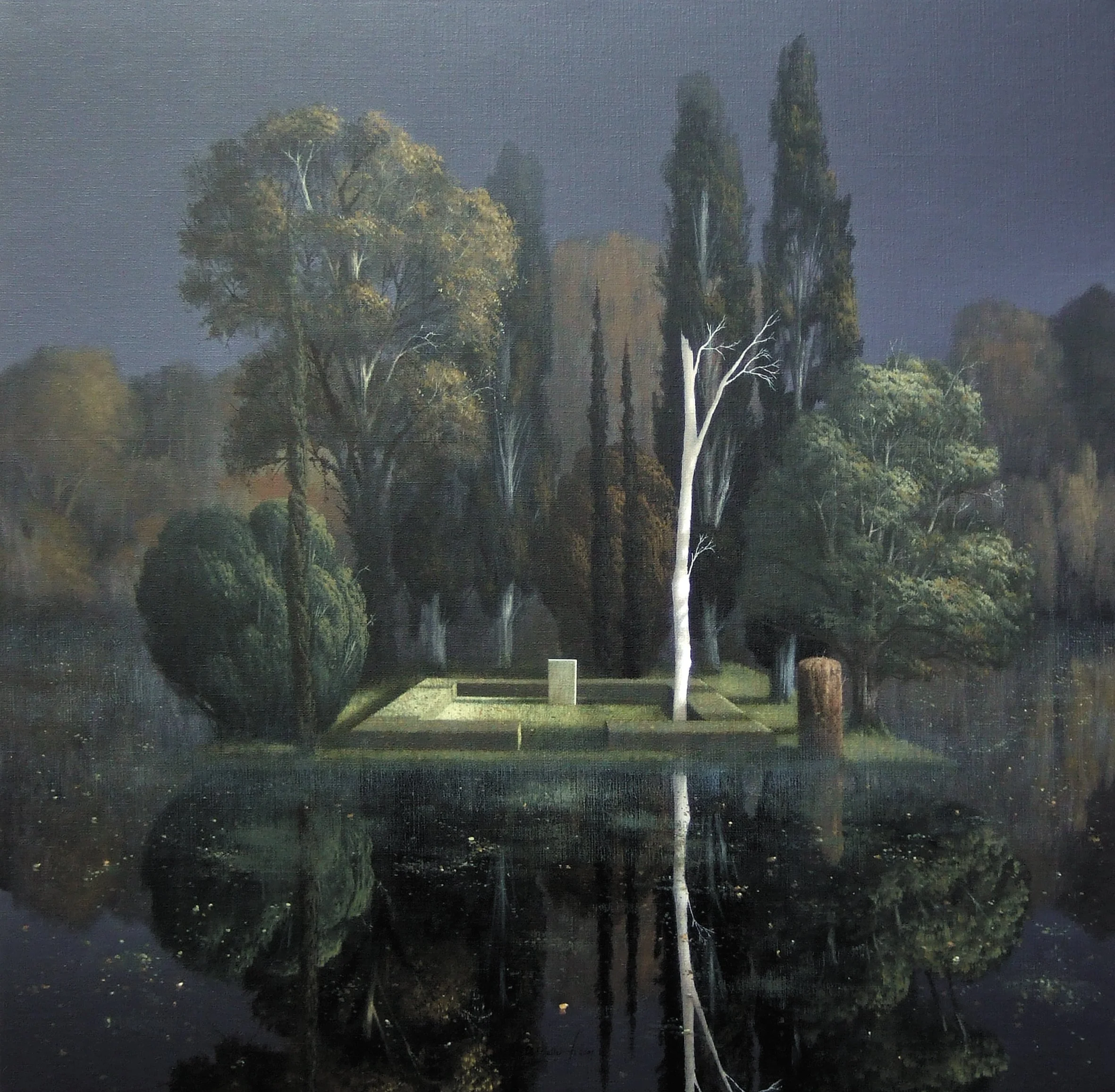 Tombstone or graveyard Island with white headstone by Arnold Bocklin (also Böcklin), 1880. Oil on canvas. A painting of a pond with trees and shrubs reflected on the water, with a small grassy area and a grave in the middle.