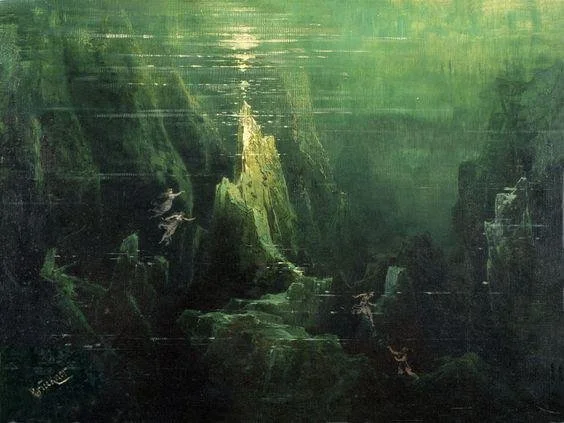 From the set of Das Rheingold  -  Max Brückner or Bruckner (1896), Oil on canvas. This depicts a surreal green scene of what appears to be angels floating or swimming in deep clear water towards a light source.