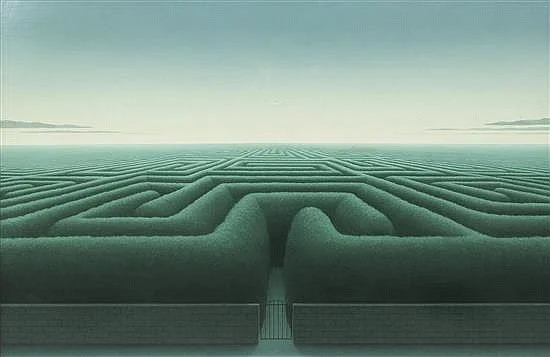 The Labyrinth - Bruce Stark Lowney (1983), Oil on canvas. Image depicts a liminal or surreal labyrinth or hedge maze in dark green. There is a small gate at the entrance, and the maze extends far away into the distance.