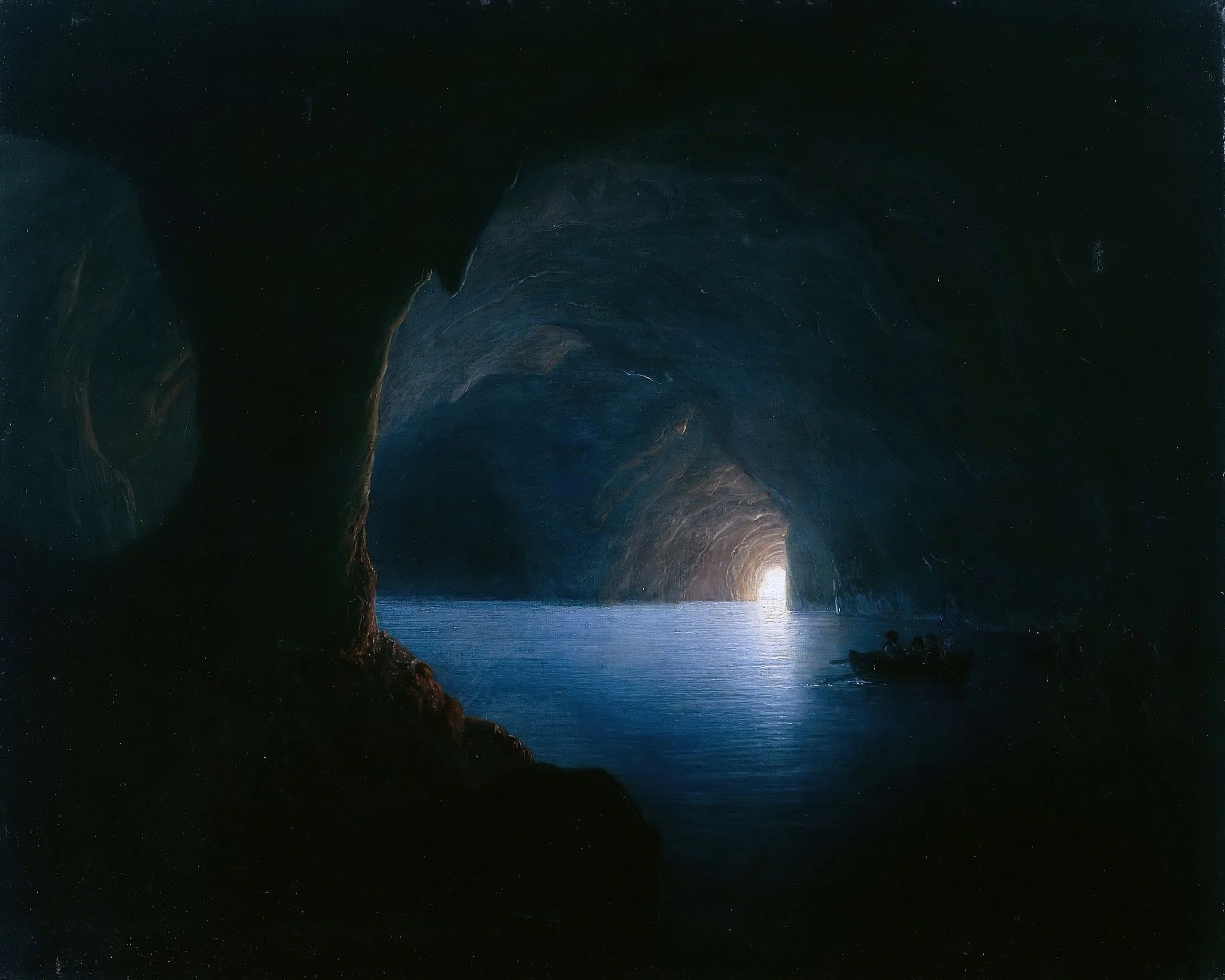 Die Blaue Grotte auf Capri (the blue grotto on capri) - Carl Friedrich Seiffert (1860), Oil on canvas. Image depicts a small rowboat inside of a deep blue ocean cave. It is very dark, with the light emerging from the entrance to the cave.
