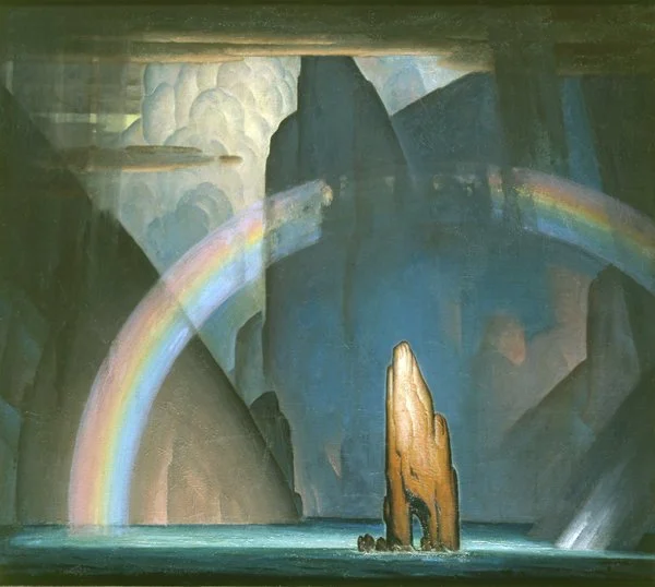 Isolation  -  Norwood Hodge MacGilvary (circa 1935), Oil on canvas. A rainbow appears over a lone rock in a lake or ocean. The background is dark, but the feeling is magical and moody.