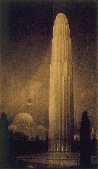 From The Metropolis of Tomorrow  -  Hugh Ferriss (1929), Graphite and charcoal. Surreal lone tall building with stars overhead. This is the building where philosophy, science, and religion converge.