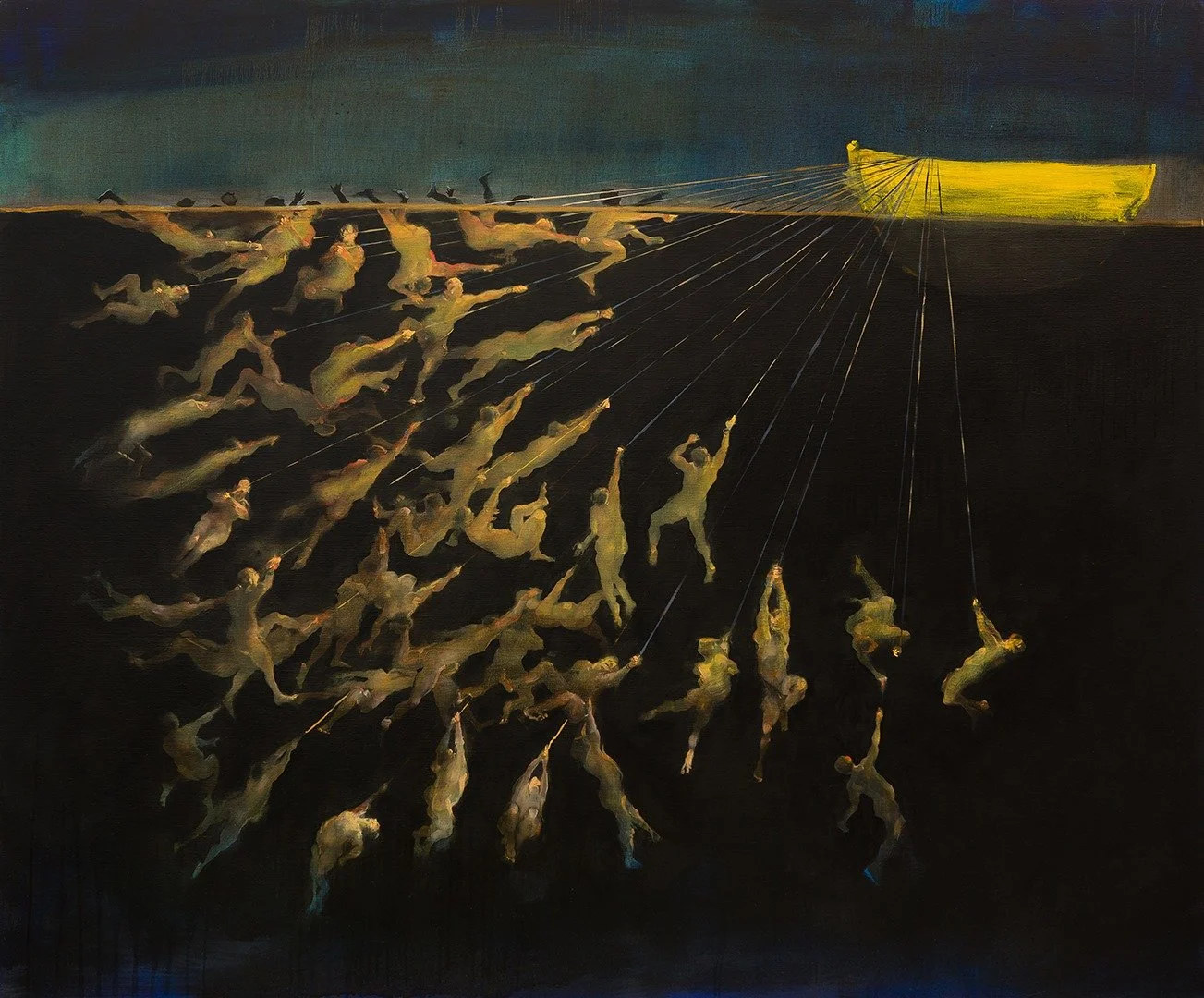 Swimming Lesson by Nicola Bealing, 2014. Oil on canvas. Painting depicting numerous figures following or attempting to drag down a boat into the water.