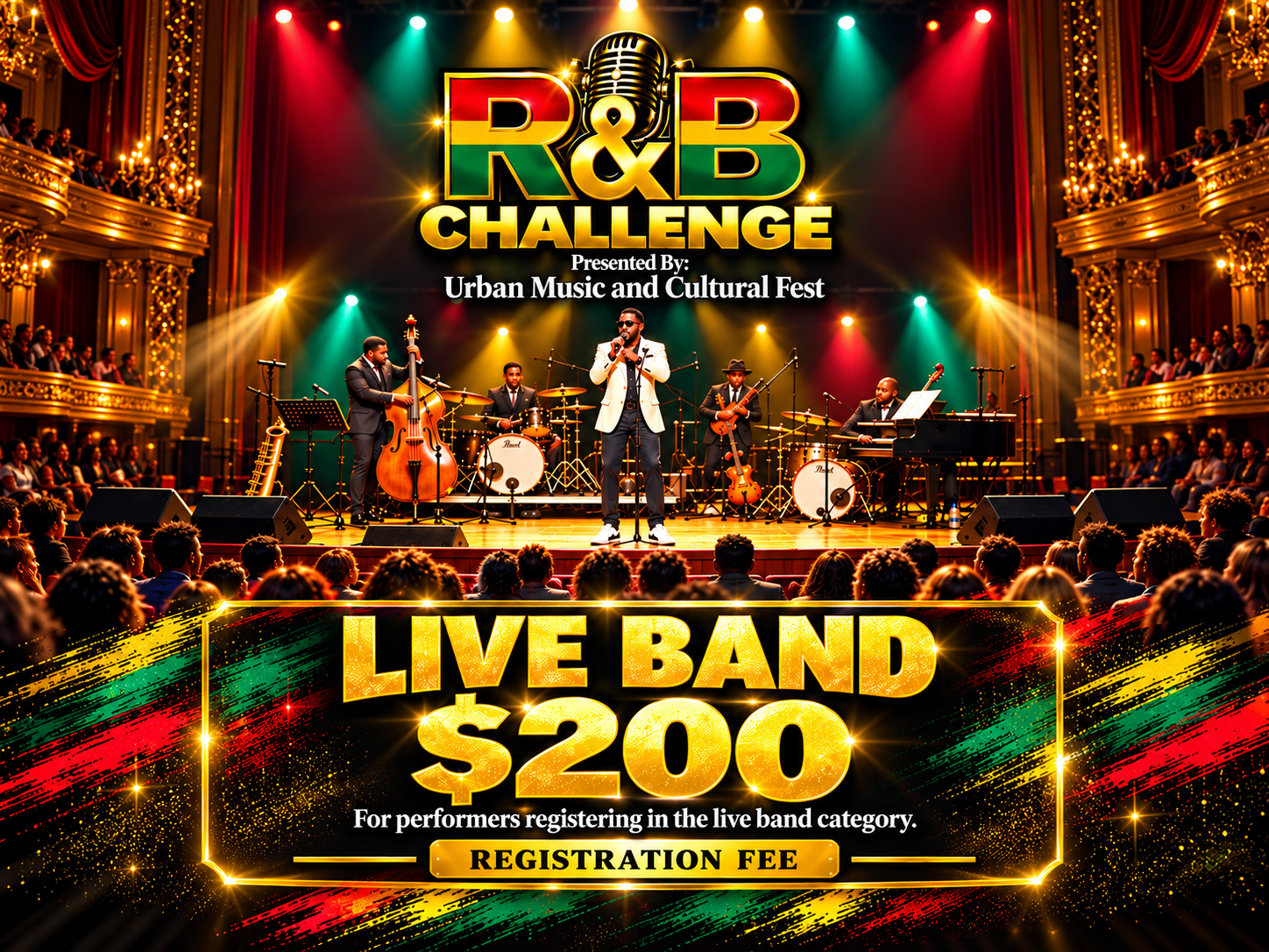 R&B Challenge live band registration, $200 entry fee, presented by Urban Music & Cultural Fest, featuring a band performing onstage