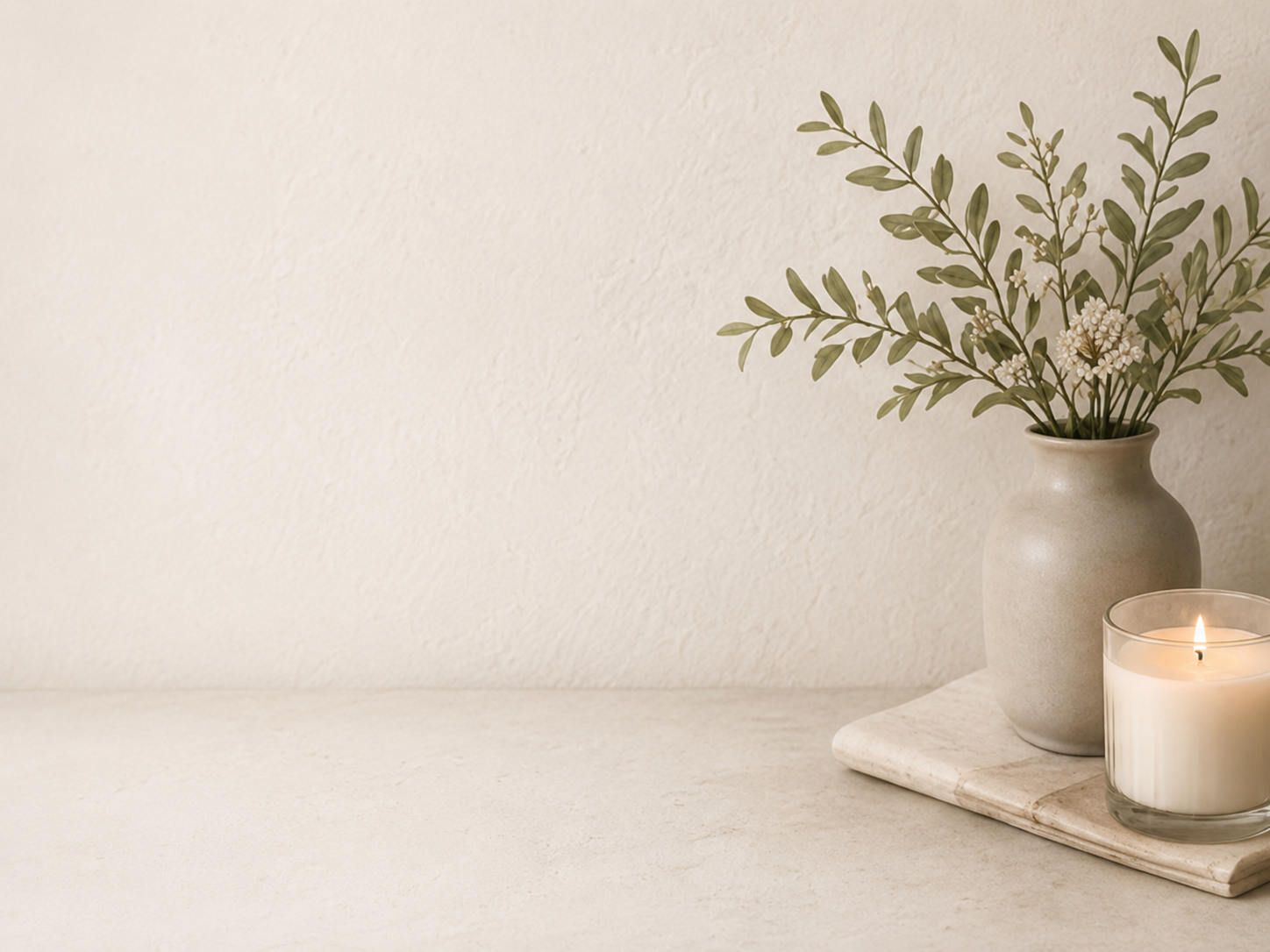 A minimalist arrangement with a beige vase holding green leafy sprigs and small white flowers, a lit candle in a glass container, all placed on a stone slab against a neutral wall.