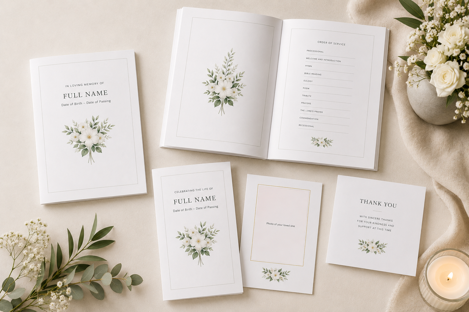 A collection of wedding program booklets, a thank you card, a photo placeholder, and floral arrangements on a beige surface with a lit candle.