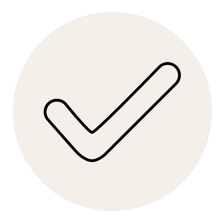 A check mark inside a circle with a beige background.