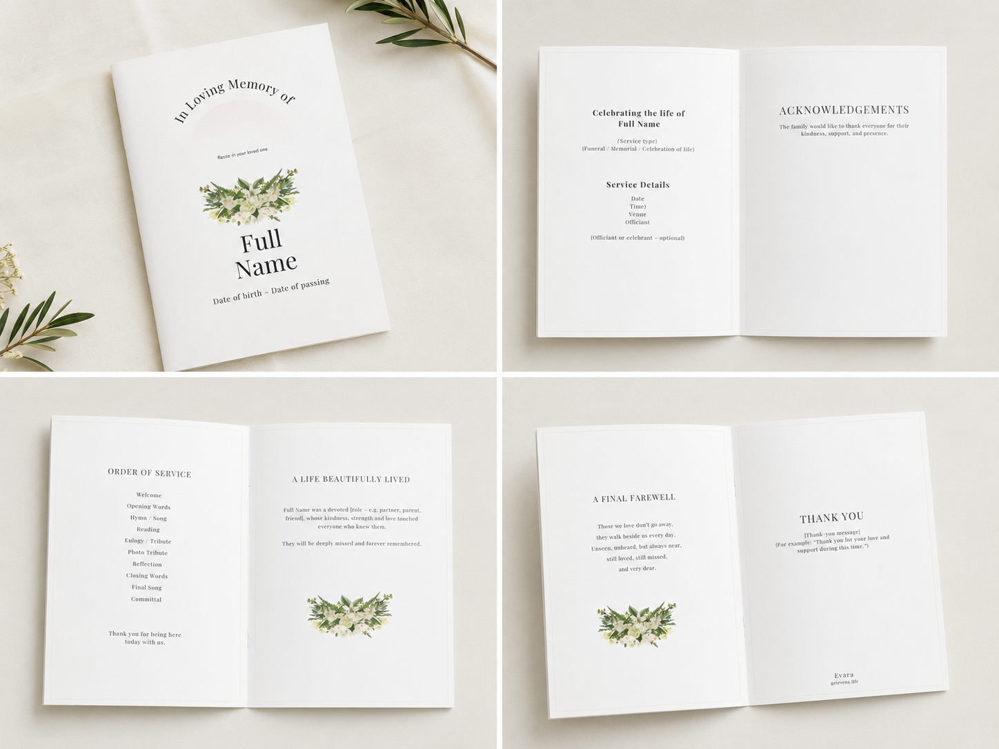 A memorial booklet with a white cover and floral illustration, opened to pages including service details, acknowledgements, a tribute, and a thank you message. The booklet is arranged on a light surface with some leaves nearby.