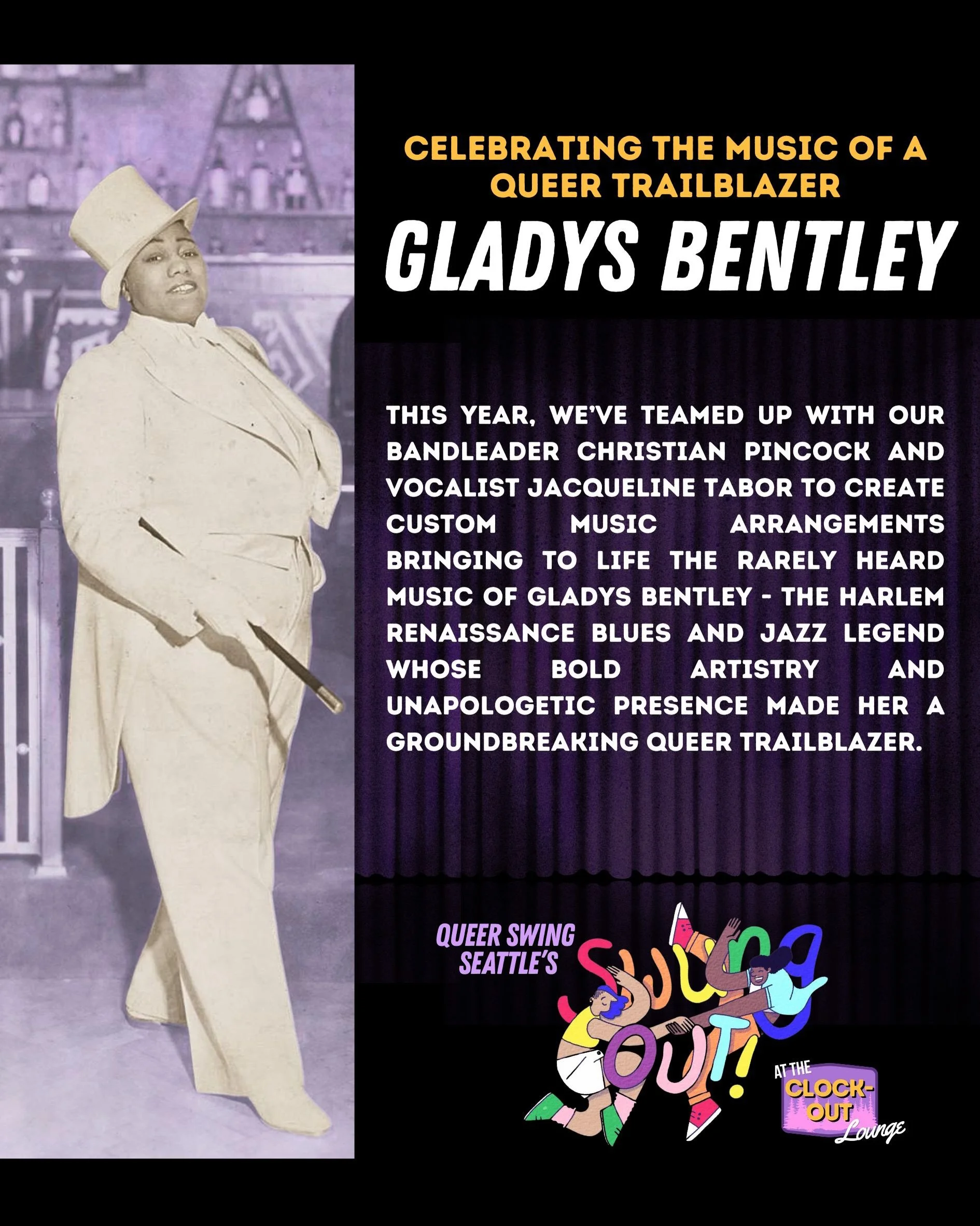 Swung Out at the Clock Out 2026 will be celebrating the music of Gladys Bentley! Swipe to learn more! Event Tickets in Bio! ❤️🏳️&zwj;🌈🏳️&zwj;⚧️❤️