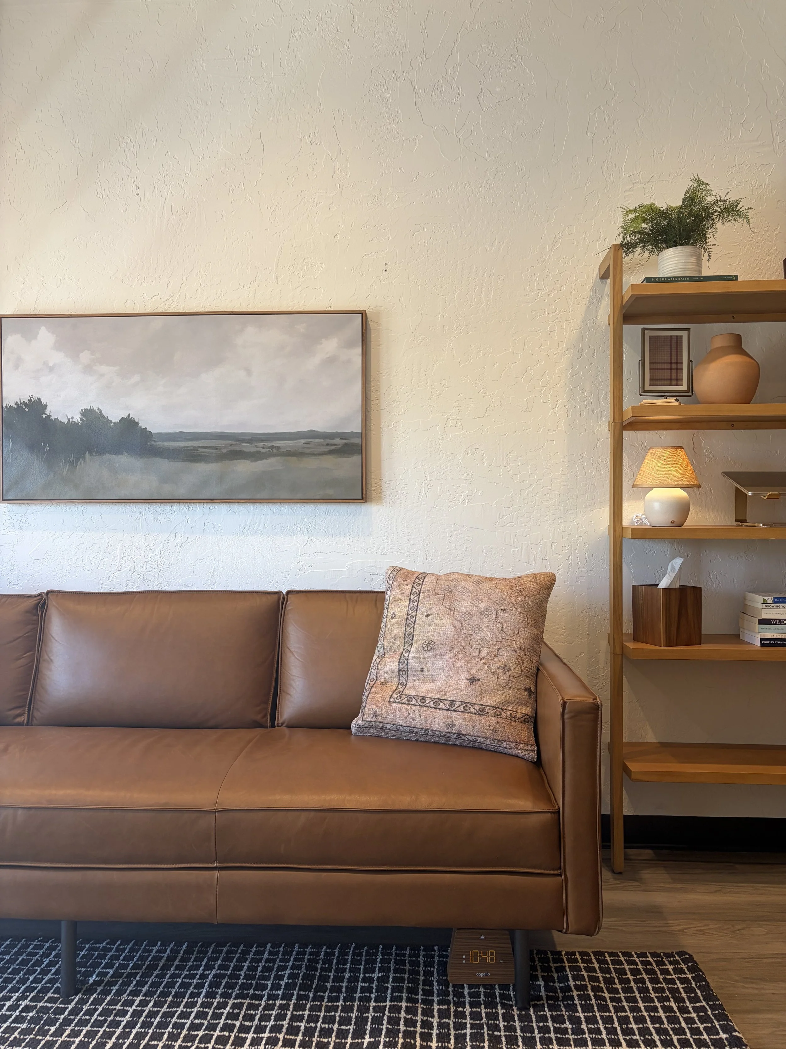 Living room with a leather sofa, framed landscape painting on a textured white wall, wooden bookshelf with decorative items and plants, small table lamp, digital clock on the floor reading 10:48, and a black-and-white geometric rug.