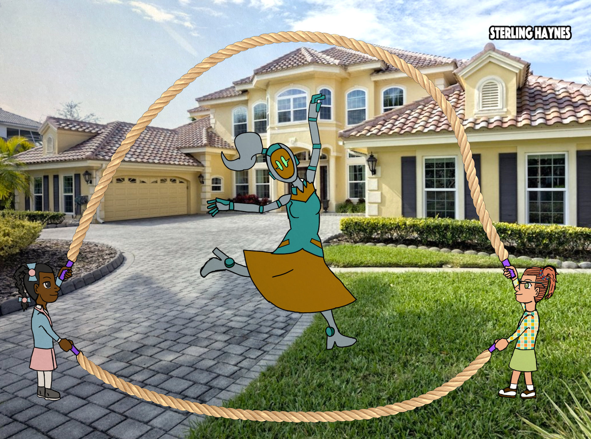 Illustration of children swinging on a rope swing in front of a large yellow house with a red tiled roof, green lawn, and cloudy sky.